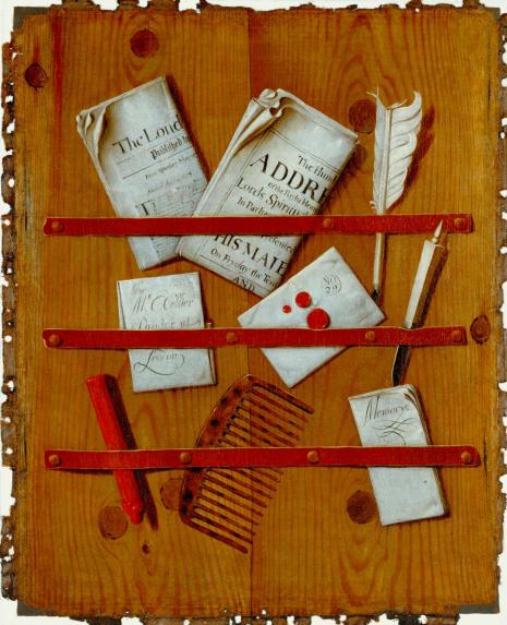 A Trompe l'Oeil of Newspapers, Letters and Writing Implements on a Wooden Board c.1699 by Edward Collier active 1662-1708